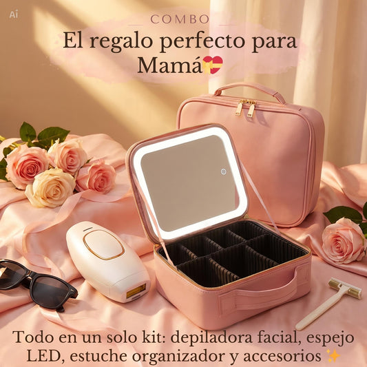 🎁 Combo mamá radiante: Depiladora portátil + cosmetiquera con espejo LED | 50% OFF