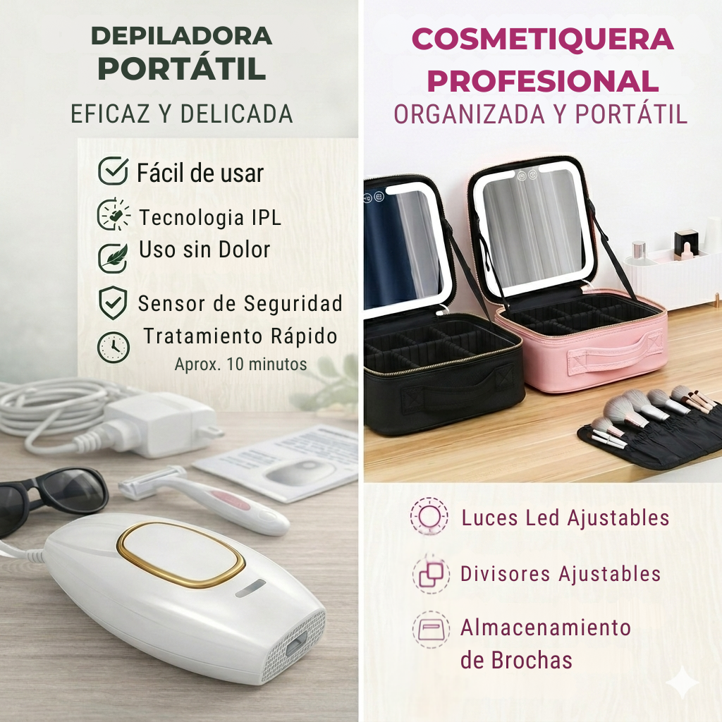 🎁 Combo mamá radiante: Depiladora portátil + cosmetiquera con espejo LED | 50% OFF
